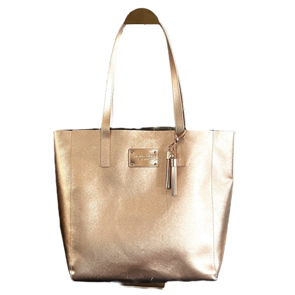 Michael Kors Metallic Rose Gold Large Tote Bag With Tassel Faux Leather Glam